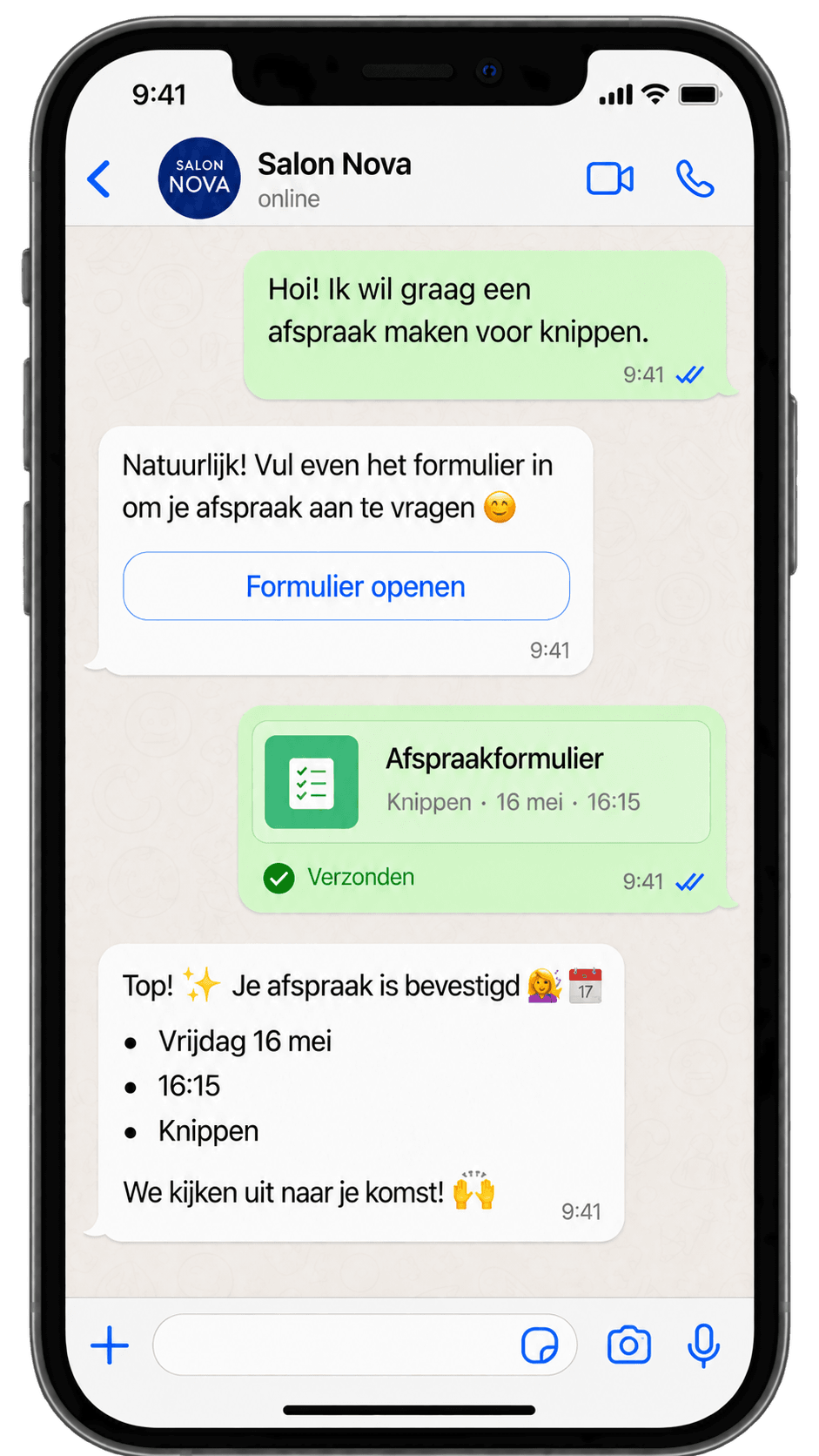 WhatsApp-gesprek waarin een klant via Lonsa een knipafspraak aanvraagt en bevestigd krijgt.