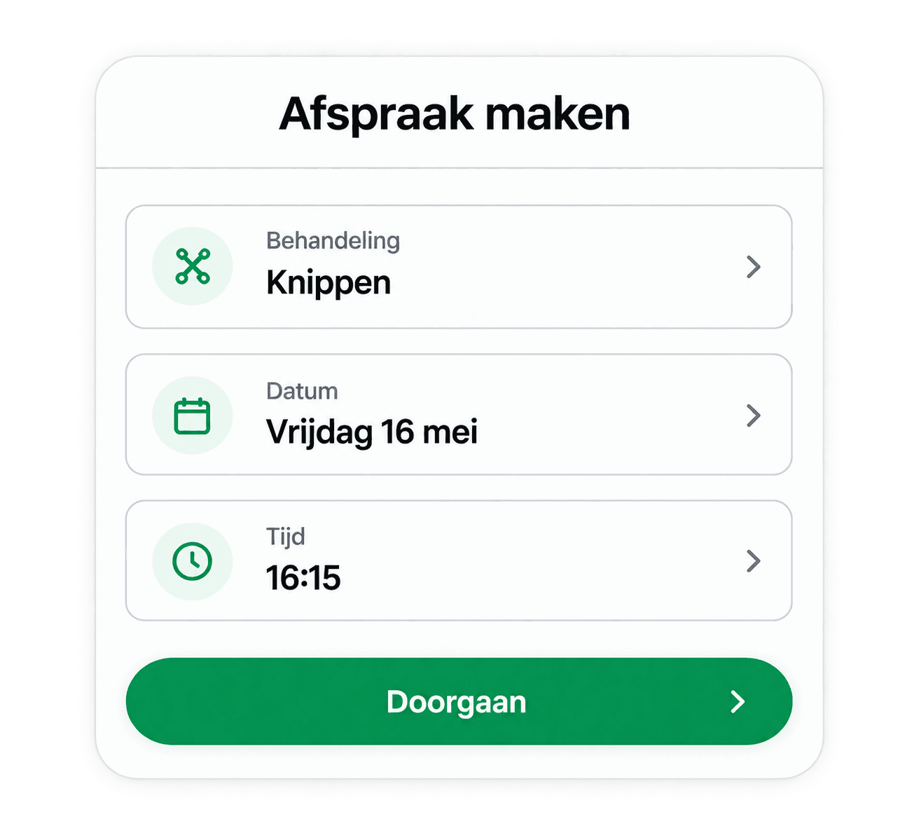 Boekingsformulier in WhatsApp waarin knippen, vrijdag 16 mei en 16:15 zijn geselecteerd.